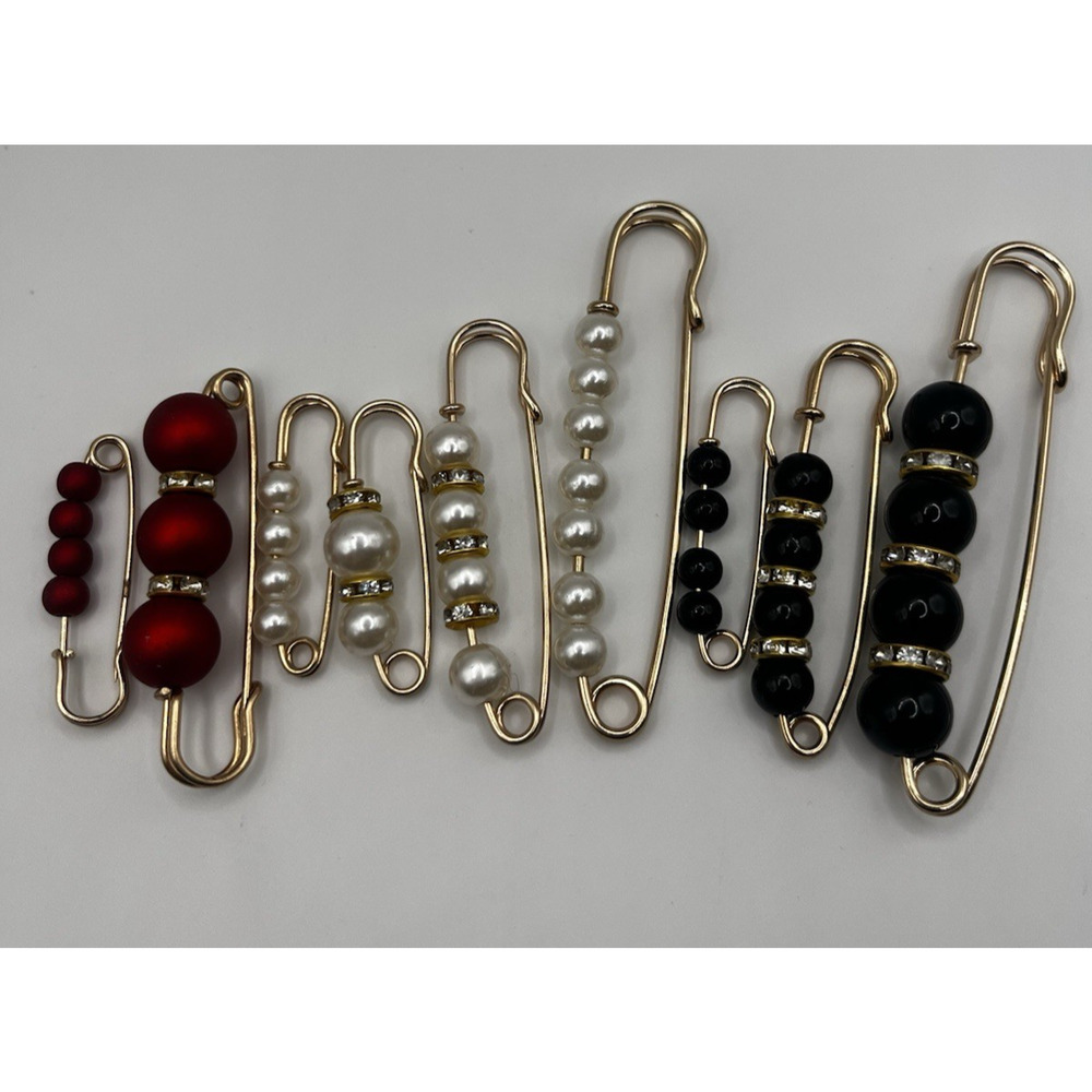 Beaded Kilt Shawl Sweater Pin Lot Scarf Brooch Faux Pearl Rhinestones Gold Tone